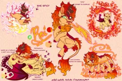 Size: 1800x1200 | Tagged: safe, artist:missbramblemele, derpibooru import, oc, oc:rei, oc:tamale, unofficial characters only, kirin, manticore, nirik, female, fire, image, jpeg, pronouns, reference sheet