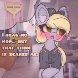 Size: 2664x2664 | Tagged: safe, artist:sodapop sprays, derpibooru import, derpy hooves, pegasus, pony, series:derpy can't catch a break, g4, clothes, fluttermop, hat, i fear no man, image, mcdonald's, meme, mop, png, solo, talking to viewer, text, uniform, worried