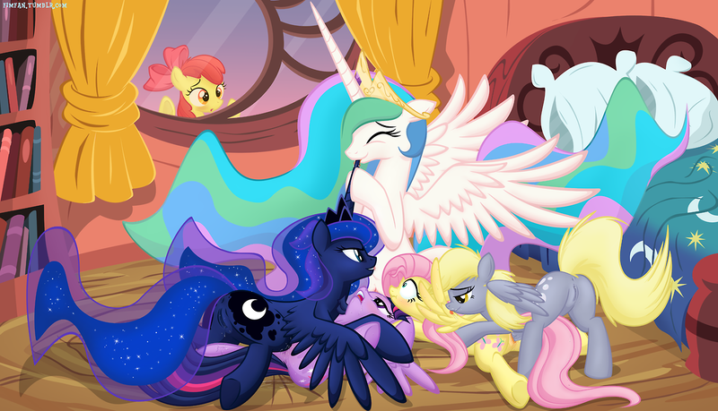 Size: 1280x734 | Tagged: suggestive, artist:illuminatiums, derpibooru import, derpy hooves, fluttershy, princess celestia, princess luna, twilight sparkle, twilight sparkle (alicorn), alicorn, pegasus, pony, g4, bed, blushing, butt, ethereal mane, ethereal tail, featureless crotch, female, golden oaks library, group, horn, hornjob, image, incest, jewelry, lesbian, library, licking, lying down, lying on top of someone, mare, missing accessory, plot, png, polyamory, quintet, royal sisters, scrunchy face, ship:derpyshy, ship:princest, ship:twilestia, ship:twiluna, ship:twilunestia, shipping, siblings, sisters, spread wings, tail, tiara, tongue out, wingboner, wings