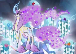 Size: 1414x1000 | Tagged: safe, artist:zetikoopa, derpibooru import, tree of harmony, pony, unicorn, g4, crystal horn, ethereal mane, ethereal tail, female, flower, flower in hair, horn, image, mare, png, tail