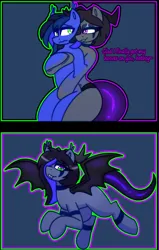 Size: 2904x4576 | Tagged: safe, artist:askhypnoswirl, derpibooru import, oc, oc:guard cobalt flash, oc:meer, unofficial characters only, bat pony, demon, demon pony, original species, bat pony oc, bat wings, commission, duo, eyeshadow, fusion, horns, image, lidded eyes, makeup, png, wings, ych result