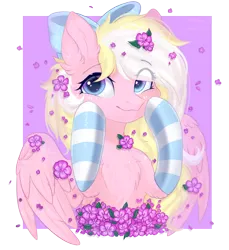 Size: 1772x1934 | Tagged: safe, artist:vitani, derpibooru import, oc, oc:bay breeze, unofficial characters only, pony, bow, chest fluff, clothes, eye clipping through hair, eyebrows, eyebrows visible through hair, female, flower, hair bow, image, mare, png, socks, solo, striped socks