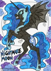 Size: 3282x4540 | Tagged: safe, artist:artistnjc, derpibooru import, nightmare moon, alicorn, pony, g4, angry, antagonist, armor, bat wings, character name, cloud, ethereal mane, ethereal tail, image, moon, png, rearing, sharp teeth, signature, solo, spread wings, tail, teeth, traditional art, wings