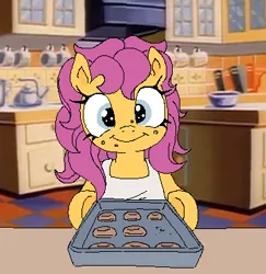 Size: 362x372 | Tagged: safe, artist:myra, derpibooru import, edit, screencap, bon bon (g1), earth pony, g1, my little pony tales, baking, cookie, crumbs, female, food, image, messy eating, png, redraw, show background, solo, solo female, tray