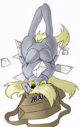 Size: 455x720 | Tagged: artist needed, safe, derpibooru import, derpy hooves, pegasus, pony, g4, bag, belly, chest fluff, featureless crotch, female, hooves to the chest, image, jpeg, looking back, lying down, mail, mailbag, mailmare, mare, mouth hold, on back, simple background, solo, upside down, white background