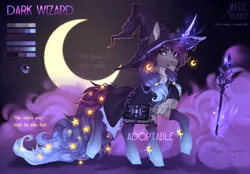 Size: 2864x1990 | Tagged: safe, artist:vitani, derpibooru import, oc, unofficial characters only, pony, unicorn, adoptable, book, cape, chest fluff, clothes, hat, horn, image, magic, magic staff, male, png, reference sheet, solo, spellbook, stallion, telekinesis, watermark, wizard, wizard hat