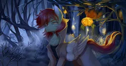 Size: 2536x1342 | Tagged: safe, artist:vitani, derpibooru import, oc, unofficial characters only, pegasus, pony, clothes, coat, forest, halloween, holiday, image, jack-o-lantern, monster, nature, png, pumpkin, tree