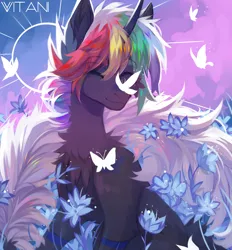 Size: 3265x3520 | Tagged: safe, artist:vitani, derpibooru import, oc, unofficial characters only, butterfly, insect, pony, unicorn, butterfly on nose, eyebrows, eyebrows visible through hair, eyes closed, flower, horn, image, insect on nose, male, png, smiling, solo, stallion