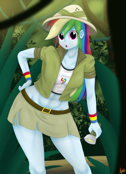 Size: 1280x1761 | Tagged: suggestive, artist:lennondash, derpibooru import, rainbow dash, human, equestria girls, g4, 2d, abs, bangs, belly, belly button, breasts, clothes, cutie mark, cutie mark on clothes, female, forest, image, jpeg, jungle, legs, looking at you, midriff, multicolored hair, nature, outdoors, rainbow hair, skirt, solo, tree, wristband