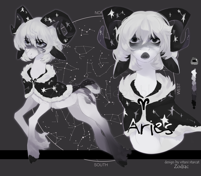 Size: 3208x2808 | Tagged: safe, artist:vitani, derpibooru import, oc, oc:aries, unofficial characters only, pony, capelet, cloven hooves, constellation, goat horns, horns, image, png, reference sheet, solo, unshorn fetlocks