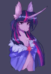 Size: 1224x1764 | Tagged: safe, artist:vitanistarcat, derpibooru import, twilight sparkle, pony, g4, chest fluff, cloak, clothes, curved horn, female, gray background, horn, image, mare, png, simple background, solo