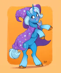 Size: 2025x2422 | Tagged: safe, artist:birdoffnorth, derpibooru import, trixie, pony, unicorn, g4, cape, clothes, female, grin, hat, high res, horn, image, jpeg, mare, rearing, smiling, solo, trixie's cape, trixie's hat