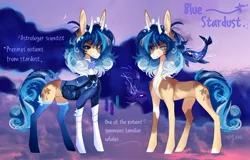 Size: 2560x1642 | Tagged: safe, artist:vitani, derpibooru import, oc, oc:blue stardust, unofficial characters only, fish, pony, black sclera, bow, clothes, curved horn, female, horn, horns, image, jpeg, mare, potion, socks, solo, tail, tail bow