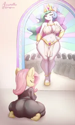 Size: 3000x5000 | Tagged: suggestive, artist:azuretto, derpibooru import, fluttershy, princess celestia, alicorn, anthro, pegasus, plantigrade anthro, g4, ass, barefoot, belly, belly button, big breasts, breasts, busty princess celestia, butt, cleavage, clothes, eyes closed, feet, female, flutterbutt, flutternun, hand on hip, huge breasts, huge butt, image, kneeling, large butt, loincloth, midriff, mural, png, praise the sun, praying, signature, soles, solo, solo female, thighs, thunder thighs, wide hips