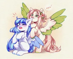 Size: 2560x2059 | Tagged: safe, artist:seurnik, derpibooru import, oc, unofficial characters only, pegasus, biting, blonde hair, blue eyes, blue feather, blue hair, blue hooves, blushing, ear bite, flower, green eyes, green feathers, green hooves, image, jpeg, playful, shy, white coat