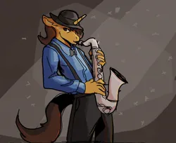 Size: 986x804 | Tagged: safe, artist:double-zr-tap, derpibooru import, oc, oc:colt train, unofficial characters only, anthro, pony, unicorn, bowtie, clothes, commissioner:legionofblues, hat, horn, image, jpeg, male, musical instrument, musician, saxophone, stallion, stallion oc, suspenders, tail, unicorn oc