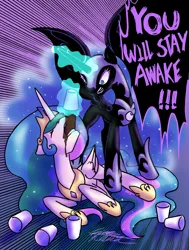 Size: 2531x3341 | Tagged: safe, artist:midnameowfries, derpibooru import, nightmare moon, princess celestia, pony, g4, chugging, coffee, concave belly, don't go to bed, drink, drinking, female, food, force feeding, glow, glowing horn, hammerspace belly, horn, image, magic, mare, png, slender, stuffing, telekinesis, thin