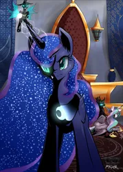 Size: 4900x6825 | Tagged: safe, artist:f-nar, derpibooru import, nightmare moon, princess celestia, princess luna, alicorn, changeling, pony, g4, biting, detailed background, female, glow, glowing horn, hair bite, horn, image, jpeg, magic, mare, mid-transformation, nightmare luna, signature, solo, standing, throne room, transformation