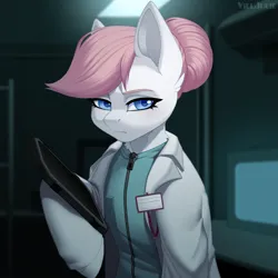 Size: 1024x1024 | Tagged: safe, artist:villjulie, derpibooru import, nurse redheart, earth pony, pony, semi-anthro, g4, arm hooves, clothes, female, hair bun, image, indoors, lab coat, looking at you, mare, mlp-rd, name tag, png, solo, tablet, three quarter view