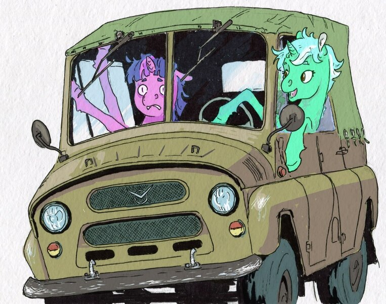 Size: 1112x875 | Tagged: safe, artist:adeptus-monitus, derpibooru import, lyra heartstrings, twilight sparkle, pony, unicorn, g4, driving, duo, duo female, female, frown, grin, horn, image, jpeg, mare, ponies driving cars, smiling, truck