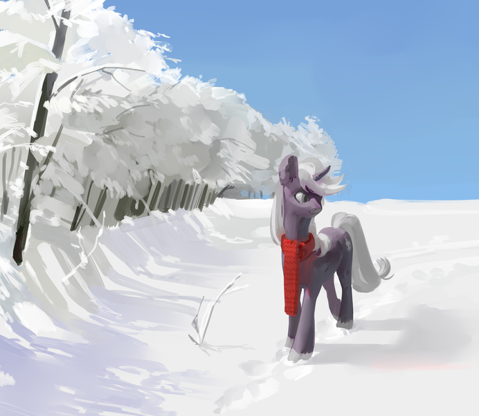 Size: 3000x2600 | Tagged: safe, artist:yanisfucker, derpibooru import, oc, unofficial characters only, pony, unicorn, clothes, cutie mark, forest, high res, horn, image, nature, png, scarf, scenery, sky, smiling, snow, solo, tree, walking, winter