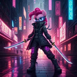 Size: 1024x1024 | Tagged: safe, ai content, generator:google imagen 3.0, machine learning generated, nightcafe ai, pinkie pie, cyberpunk, image, jpeg, music, ninja