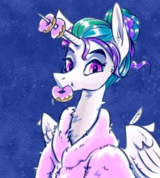 Size: 3368x3736 | Tagged: safe, artist:kovoranu, derpibooru import, princess celestia, alicorn, pony, g4, bathrobe, bust, clothes, donut, eating, food, horn, horn impalement, image, mouth hold, png, portrait, robe