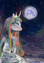 Size: 2480x3508 | Tagged: safe, artist:wolfiedrawie, derpibooru import, princess celestia, alicorn, anthro, g4, female, full moon, image, lonely, looking up, mare in the moon, moon, png, regret, sitting, solo