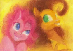 Size: 3469x2430 | Tagged: safe, artist:wolfiedrawie, derpibooru import, cheese sandwich, pinkie pie, earth pony, pony, g4, duo, female, happy, image, jpeg, looking at each other, looking at someone, male, mare, smiling, stallion, traditional art