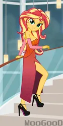 Size: 4000x8000 | Tagged: safe, artist:moogood, derpibooru import, sunset shimmer, human, equestria girls, g4, absurd resolution, adorasexy, bare shoulders, bedroom eyes, breasts, busty sunset shimmer, cleavage, clothes, complex background, cute, detached sleeves, dress, ear piercing, earring, eyeshadow, female, grin, high heels, image, indoors, jewelry, lamp, long dress, looking at you, makeup, night, piercing, platform heels, platform shoes, png, railing, raised leg, seductive look, sexy, shoes, signature, sleeveless, sleeveless dress, smiling, smiling at you, solo, stairs, standing, two toned hair, vector