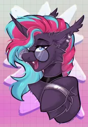 Size: 1640x2360 | Tagged: safe, artist:koffeemilk, derpibooru import, oc, oc:synthie glitch, unofficial characters only, bat pony, bat pony unicorn, hybrid, pony, unicorn, abstract background, blue eyes, bracelet, chest fluff, choker, cute, cute little fangs, ear fluff, ear piercing, ear tufts, earring, eyelashes, fangs, female, glasses, halfbody, happy, horn, image, jewelry, mare, multicolored hair, multicolored mane, open mouth, open smile, piercing, png, smiling, solo