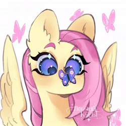 Size: 1024x1024 | Tagged: safe, artist:паучий культ, derpibooru import, fluttershy, butterfly, insect, pegasus, pony, g4, bust, butterfly on nose, image, insect on nose, jpeg, obtrusive watermark, portrait, simple background, solo, watermark, white background