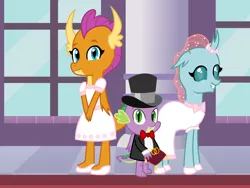 Size: 2048x1536 | Tagged: safe, artist:lnx1ynight16, derpibooru import, ocellus, smolder, spike, changeling, dragon, g4, bowtie, clothes, cute, diaocelles, dress, flower girl, flower girl dress, hallway, hat, horn, horns, image, jewelry, looking at you, png, ring, ring bearer, smiling, smiling at you, smolderbetes, top hat, trio, tuxedo