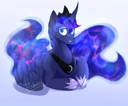 Size: 2920x2433 | Tagged: safe, artist:duskovich, derpibooru import, princess luna, alicorn, pony, g4, female, gradient background, image, jewelry, looking at you, mare, obtrusive watermark, png, smiling, solo, watermark