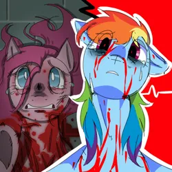 Size: 894x894 | Tagged: grimdark, artist:0liiver, derpibooru import, pinkie pie, rainbow dash, earth pony, pegasus, pony, fanfic:rocket to insanity, g4, blood, crying, fanfic art, image, injured, jpeg