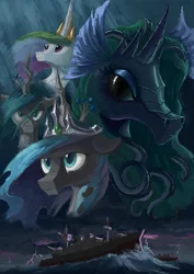 Size: 2480x3508 | Tagged: safe, artist:plainoasis, derpibooru import, princess celestia, queen chrysalis, oc, oc:alternia, oc:tethys, alicorn, changeling, changeling queen, kelpie, pony, fanfic, g4, battleship, boat, crown, fanfic art, fanfic cover, female, fins, horn, image, jewelry, jpeg, lighting, lightning, looking at you, ocean, pink eyes, rain, regalia, storm, teal eyes, tentacles, tiara, turret, water, wave