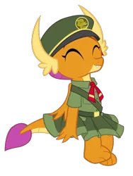 Size: 750x1000 | Tagged: safe, artist:queencold, derpibooru import, smolder, dragon, g4, cute, dragoness, eyes closed, female, filly guides, image, png, scout uniform, simple background, sitting, smiling, smolderbetes, solo, transparent background