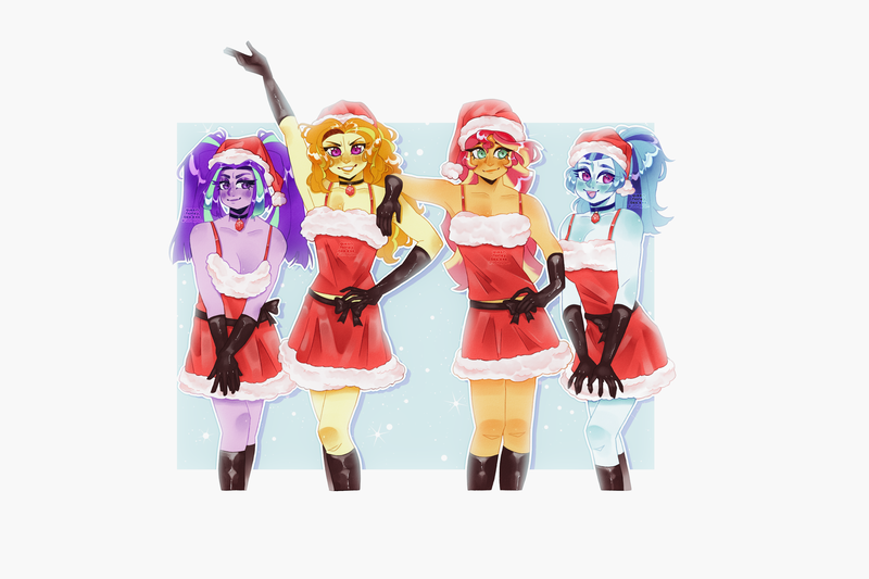 Size: 3000x2000 | Tagged: safe, artist:queenhoneybee, derpibooru import, adagio dazzle, aria blaze, sonata dusk, sunset shimmer, human, equestria girls, g4, arm on shoulder, boots, breasts, christmas, christmas 2024, cleavage, clothes, dress, female, gloves, grin, hand on hip, hat, high res, holiday, image, long gloves, looking at you, png, santa dress, santa hat, shoes, simple background, smiling, smiling at you, the dazzlings, tongue out, white background