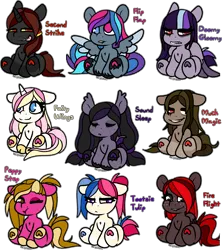 Size: 3962x4452 | Tagged: safe, artist:sexygoatgod, derpibooru import, oc, oc:doomy gloomy, oc:fairy wings, oc:fire flight, oc:flip flap, oc:muck magic, oc:peppy step, oc:second strike, oc:sound sleep, oc:tootsie tulip, unofficial characters only, bat pony, earth pony, pegasus, pony, unicorn, adoptable, angry, bags under eyes, bat pony oc, bat wings, blue eyes, brown eyes, chibi, coat markings, colored hooves, colored horn, colored sclera, colored underhoof, colored wings, colored wingtips, derp, ear tufts, earth pony oc, eyes closed, female, floppy ears, folded wings, freckles, group, heart, heart eyes, heterochromia, hoof heart, hooves, horn, image, lip bite, mare, no pupils, one eye closed, pegasus oc, pigtails, png, purple eyes, round ears, scowl, sitting, socks (coat marking), spread wings, tongue out, two toned wings, underhoof, unicorn oc, white pupils, wingding eyes, wings, yellow sclera