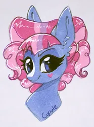 Size: 941x1267 | Tagged: safe, artist:cupute, derpibooru import, kiwi lollipop, ponified, earth pony, pony, equestria girls, g4, alcohol markers, bangs, big ears, blue body, blue eyes, bust, cel shading, curly hair, curly mane, cute, ear fluff, earth pony kiwi lollipop, equestria girls ponified, equestria girls specials, eyebrows, eyebrows visible through hair, eyeshadow, female, heart, heart cheeks, image, k-lo, k-lo betes, magenta mane, makeup, mare, micron pen, multicolored hair, multicolored mane, my little pony equestria girls: better together, my little pony equestria girls: sunset's backstage pass, ohulu markets, paper, paper background, photo, pigtails, pink mane, png, portrait, shading, shiny body, shiny mane, simple background, smiling, smirk, smug, solo, solo female, solo mare, traditional art, wrong body color