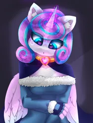 Size: 2500x3333 | Tagged: safe, artist:taiweiart, derpibooru import, princess flurry heart, alicorn, anthro, crystal pony, pony, g4, blue eyes, chest fluff, crystal, dark background, ear fluff, empress, fluffy, glow, glowing eyes, glowing horn, glowing mane, heart, heart eyes, horn, image, love, magic, older, older flurry heart, png, princess, purple hair, purple mane, queen, solo, wingding eyes, wings