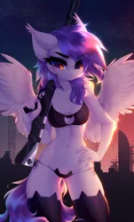 Size: 1432x2375 | Tagged: suggestive, artist:shenki, derpibooru import, oc, oc:gabriel, unofficial characters only, anthro, pegasus, anthro oc, belly, belly button, boob window, bra, breasts, cat keyhole bra set, cat lingerie, city, clothes, cute, ear tufts, female, image, lingerie, night, night sky, pegasus oc, png, sky, socks, solo, solo female, sunset, thigh highs, underwear, weapon, wings