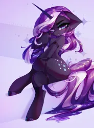 Size: 2192x2972 | Tagged: safe, artist:shenki, derpibooru import, nightmare rarity, pony, unicorn, g4, blushing, crossed legs, eye clipping through hair, female, floppy ears, high res, horn, image, legwear, looking at you, mare, png, sitting, smiling, solo