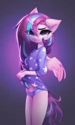 Size: 2424x4007 | Tagged: suggestive, artist:shenki, artist:tomness, derpibooru import, princess flurry heart, alicorn, anthro, pony, g4, adult, breasts, cheek fluff, clothes, cute, eye clipping through hair, feathered wings, female, floppy ears, horn, image, lifted shirt, looking at you, older, older flurry heart, pajamas, panties, png, shirt, shirt lift, simple background, smiling, solo, solo female, underwear, wings