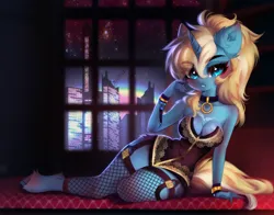 Size: 3020x2363 | Tagged: safe, artist:shenki, artist:tomness, derpibooru import, oc, oc:maple parapet, unofficial characters only, anthro, unguligrade anthro, unicorn, city, clothes, collar, cuffs, fishnet clothing, fishnets, high res, horn, image, indoors, png, socks, solo, stockings, thigh highs, window