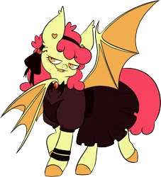 Size: 1116x1230 | Tagged: safe, artist:isaacbloom, derpibooru import, apple bloom, bat pony, pony, undead, vampire, g4, bat ponified, bloombat, clothes, dress, eyeliner, fangs, female, filly, foal, image, makeup, png, race swap, simple background, solo, transparent background