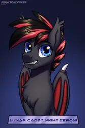 Size: 2000x3000 | Tagged: safe, artist:jedayskayvoker, derpibooru import, oc, oc:nightzeroni, bat pony, pony, blue eyes, chest fluff, cute, ear fluff, handsome, image, male, png, smiling, stallion, two toned mane, wings