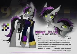 Size: 3562x2492 | Tagged: safe, artist:teturirusu, derpibooru import, oc, oc:night star, unofficial characters only, bat pony, changeling, hybrid, pony, fallout equestria, ammunition, clothes, commission, fallout, full body, gun, image, jacket, looking at you, male, male oc, military uniform, png, reference, reference sheet, solo, stallion, stallion oc, tail, two toned mane, two toned tail, uniform, walking, weapon, wings, ych result