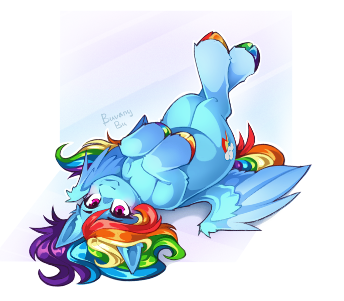 Size: 2921x2554 | Tagged: safe, artist:buvanybu, derpibooru import, rainbow dash, g4, image, looking at you, lying down, on back, png, solo