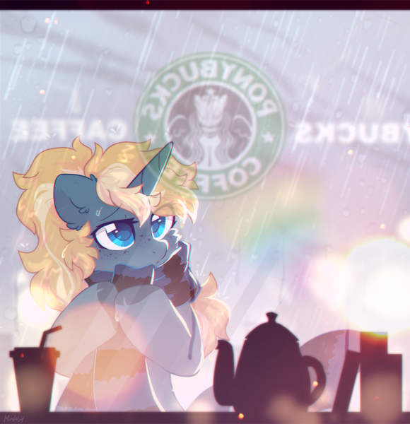 Size: 1965x2034 | Tagged: safe, artist:mirtash, derpibooru import, oc, oc:maple parapet, unofficial characters only, pony, unicorn, horn, image, png, rain, solo